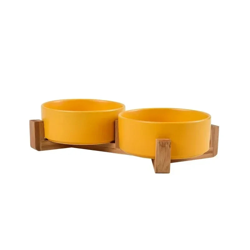 Double Ceramic Pet Bowl with Wood Stand