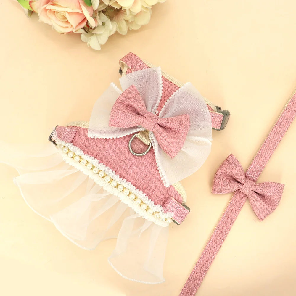 Pink Bowknot Leash & Harness Set