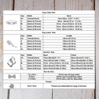 Size chart for dog collars, leashes, and harnesses on a wooden background