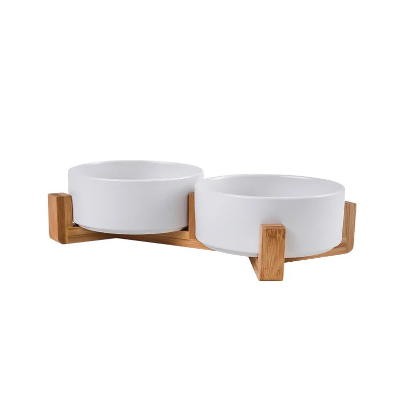 Double Ceramic Pet Bowl with Wood Stand