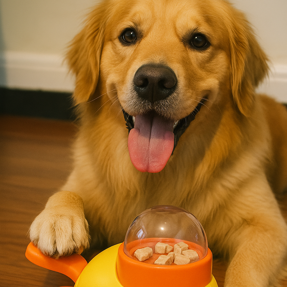 Dog with a yellow duck-shaped toy on a wooden floor
